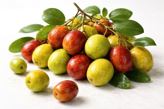 Cluster of ziziphus mauritiana fruits positioned on smooth white background