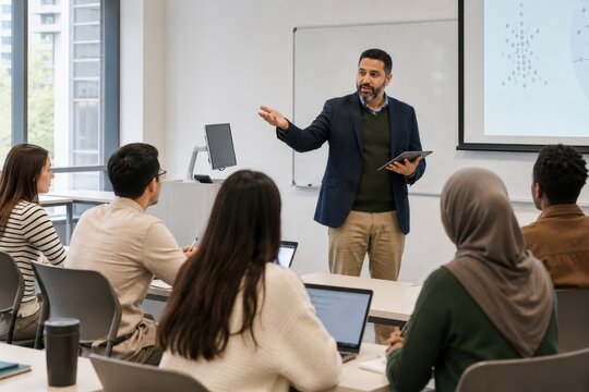muslim university lecturer teaching a diverse student group in a