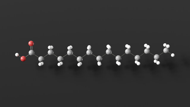 pentadecylic acid molecule 3d, molecular structure, ball and stick model, structural chemical formula fatty acid compound