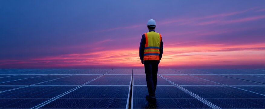 techie inspecting solar panels at a seaside solar farm during a vibrant sunrise for sustainable clean energy