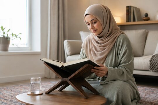 muslim woman reading the quran in a calm home setting, reflective spiritual study, quiet faith, daily devotion and intimate everyday religious practice at home in silence