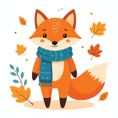 Obraz premium A cute cartoon fox wearing a blue scarf stands among colorful autumn leaves on a sunny day
