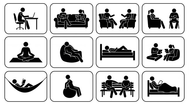 Set of black stick figure icons depicting various daily human activities presented on white background
