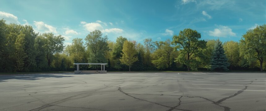 Bright summer afternoon with a large empty parking space encircled by rich green foliage and a vivid blue sky
