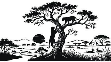 african savanna wildlife scene with monkey and leopard black silhouette © GDSafayet03