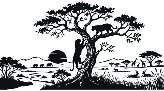 african savanna wildlife scene with monkey and leopard black silhouette