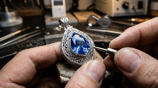 Jewelers Hands Crafting Exquisite Sapphire Pendant with Precision Tools.
