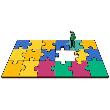 Man Looking Down at a Missing Piece in a Large Jigsaw Puzzle - Inspirational Image Isolated Illustration with Transparent Background