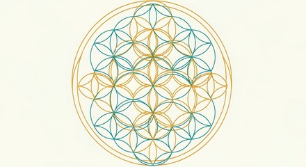 Fototapeta premium Sacred Geometry Flower of Life Symmetrical Pattern in Teal and Gold on Cream Background