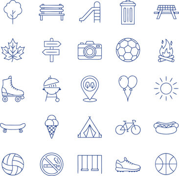 Outdoor Recreation and Summer Activity Line Icon Vector Collection Featuring Camping, Sports, Picnic, Skateboarding, and Park Leisure Symbols