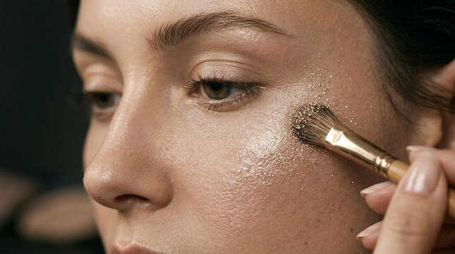 Close-up of a woman getting a shimmering highlighter applied to her cheekbone with a brush.
