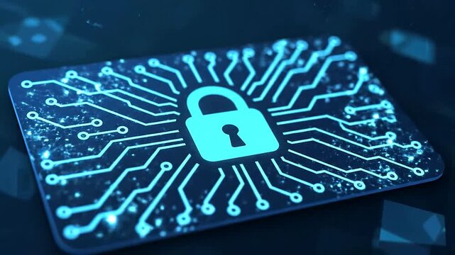 Cybersecurity concept features a glowing padlock icon centered over a computer circuit board or Internet security protection shows a secure padlock connected to an electrical circuit on a chip