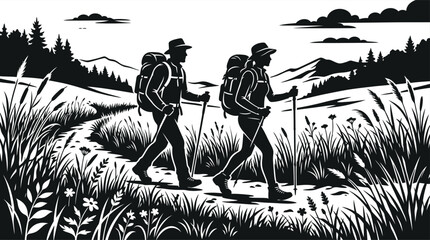 two hikers with backpacks walking on a trail black and white silhouette © GDSafayet03