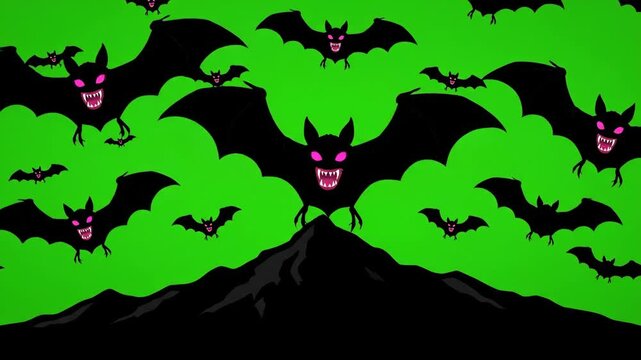 A swarm of bats flying over a mountain at night with a green sky, creating a spooky Halloween atmosphere.