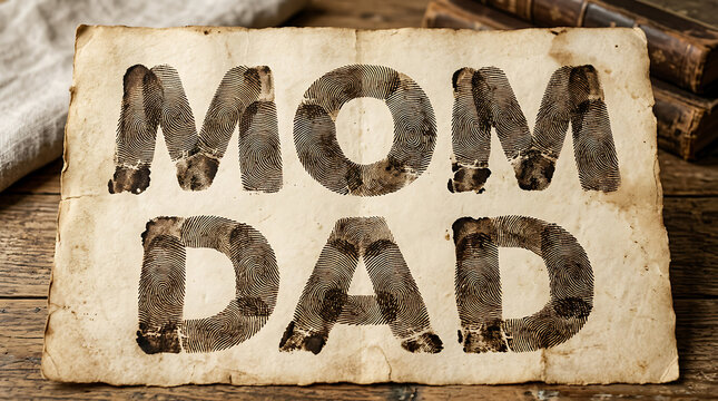 Fingerprint letters spelling mom and dad on aged paper global day of parents concept