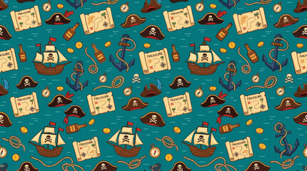 Simple pirate seamless pattern, treasure maps, pirate hats, anchors and ships, flat vector colorful background © Maftuh