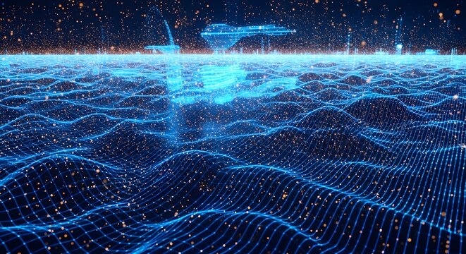 Futuristic digital ocean waves with glowing data points and abstract technological structures