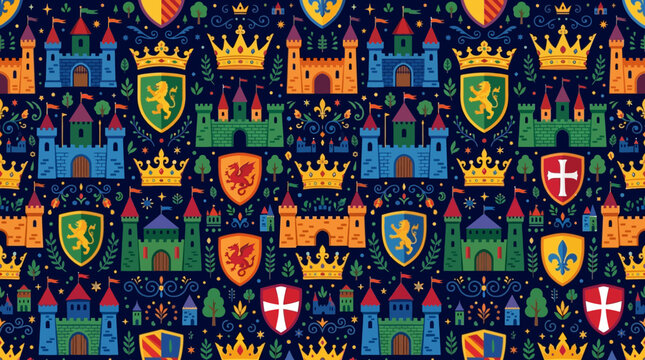 Flat vector medieval seamless pattern, castles, crowns and shields, colorful fantasy illustration