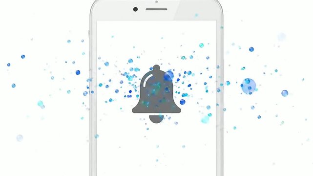 Notification Bell Icon Displayed on Smartphone with Bubbles or Mobile phone showing notification bell icon with particle effects