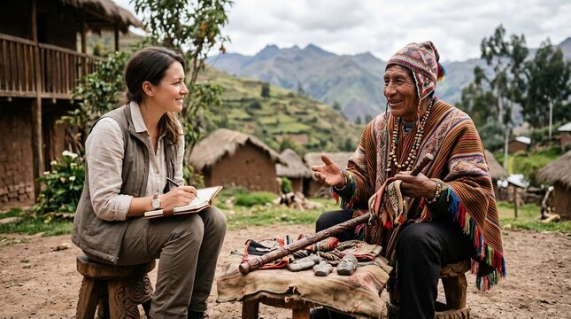 Female anthropologist interviews indigenous man in traditional village.