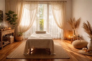Fototapeta premium Sunlit massage room with wooden floor and minimalist boho curtains