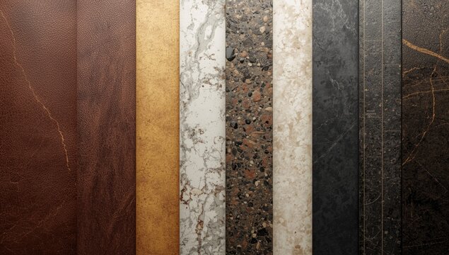 Background featuring material collection of leather flooring tiles quartz stone veneer and gold stainless isolated
