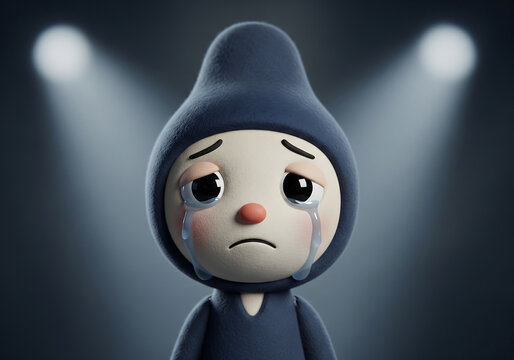 Sad cartoon character with red tear in blue hoodie under dramatic stage lighting expressing emotional meme reaction