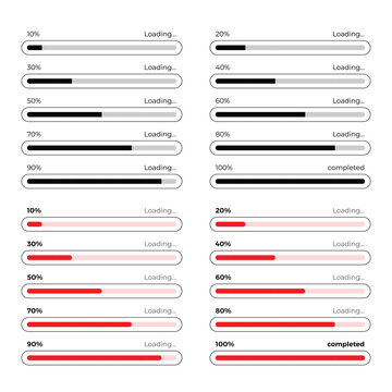 Vector collection of progress loading bars from 10% to 100%. Minimalist interface design for web, app, and system software. Includes black and red styles with "Loading" and "Completed" text.