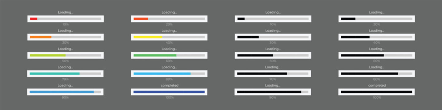 A comprehensive collection of progress bar icons and loading status indicators. Featuring colorful and minimal black styles with percentage labels from 10% to 100% for UI/UX web and app design.