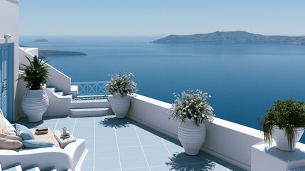 Fototapeta premium Beautiful mediterranean style terrace with light blue tiled floor large white planters and comfortable seating overlooking deep blue aegean sea on clear sunny day