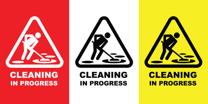 Set of "Cleaning in Progress" warning signs in white, and yellow. Includes janitor person icon in a triangle. Vector illustration for safety, maintenance, and hygiene concepts.