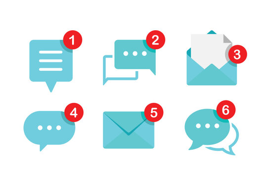 A collection of blue message and email notification icons with red number badges. Vector illustration of chat bubbles and envelopes for UI/UX design, web, and mobile apps.