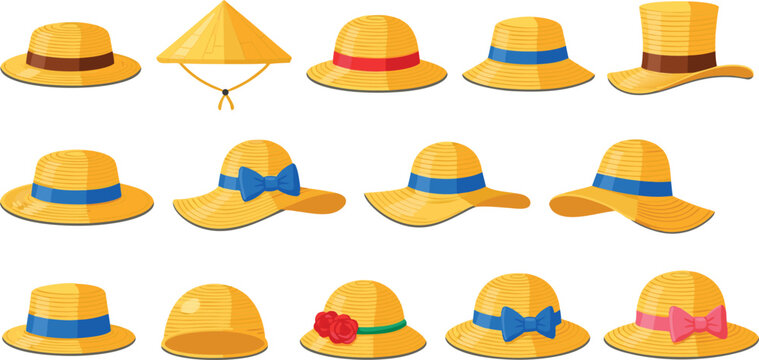 Straw Hat Illustration Set Featuring Summer Sun Hats, Woven Fashion Accessories, and Traditional Handmade Headwear Designs