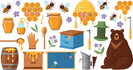 Honey and Beekeeping Illustration Set Featuring Beehives, Honeycomb, Bees, Jars, and Natural Apiary Farming Elements © EdGe Creative