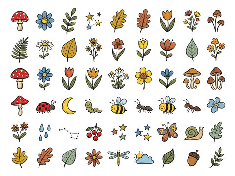 Cute hand drawn nature elements seamless pattern with flowers, mushrooms, leaves. Adorable vector doodle art featuring ladybugs, moon, stars, and berries, perfect for kids.