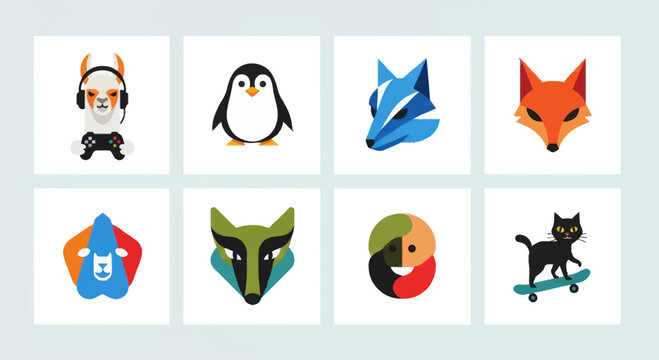 Collection of Cute Animal Icons & Logos: Llama, Penguin, Fox, Cat, Badger, Wolf