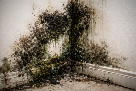 White interior wall corner affected by black and green mildew fungus growth