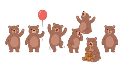 Obraz premium Cartoon brown bears in various poses with honey barrel