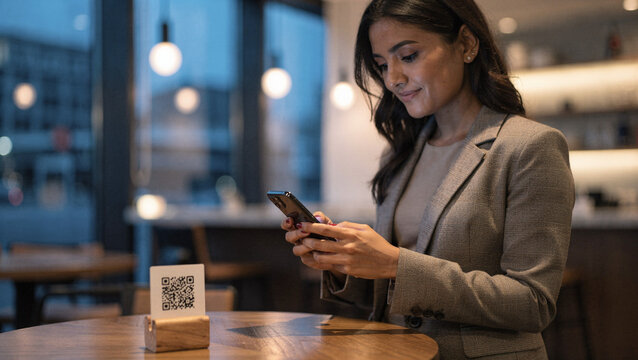 Young businesswoman scanning a QR code with her mobile phone for contactless payment or digital menu in a stylish cafe
