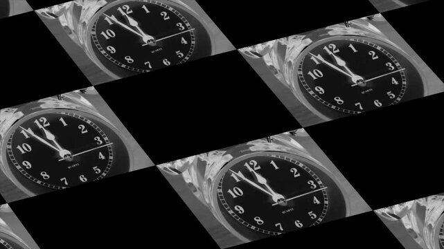 Black and white 1950's style movie for Turn back time , Clock running backwards	