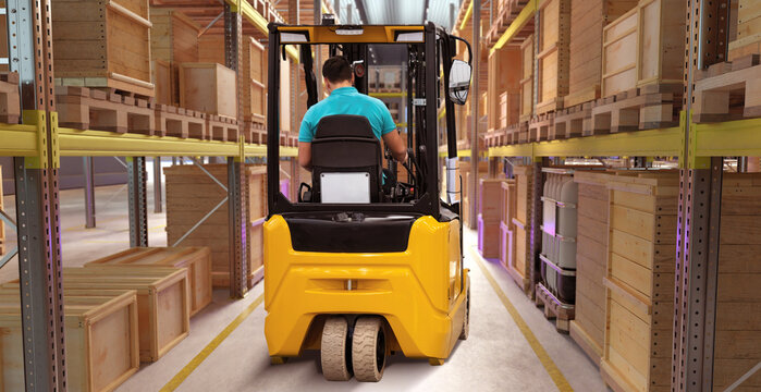 Warehouse logistics. Forklift operator transports wooden crates through storage racks in distribution center warehouse