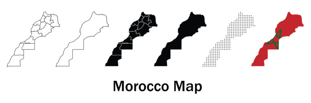Morocco Map Vector Set Collection &ndash; Outline, Silhouette, Dot Grid and Highlighted Country Map Design Isolated on White Background