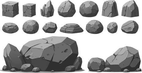 Rock and Stone Illustration Set Featuring Natural Boulders, Cracked Rocks, Mountain Minerals, and Game Environment Design Elements © EdGe Creative