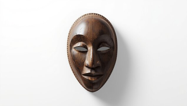 Aged wooden mask of African origin placed against a bright white backdrop