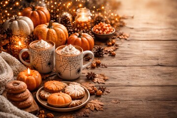 Fototapeta premium Inviting fall home decor featuring pumpkin elements spider web design mugs and sweet treats plus copy space
