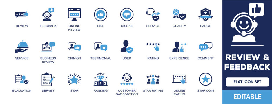 Review & Feedback editable solid icon set. Containing online review, like, dislike, service, quality, opinion, testimonial, comment, customer satisfaction, rating and more vector icons collection.