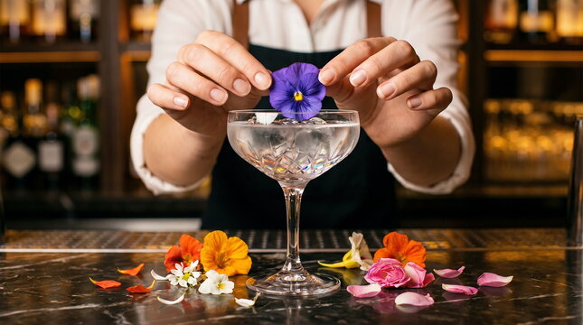 Mixologist garnishing elegant cocktail with edible flower at sophisticated bar counter for luxury drink presentation.