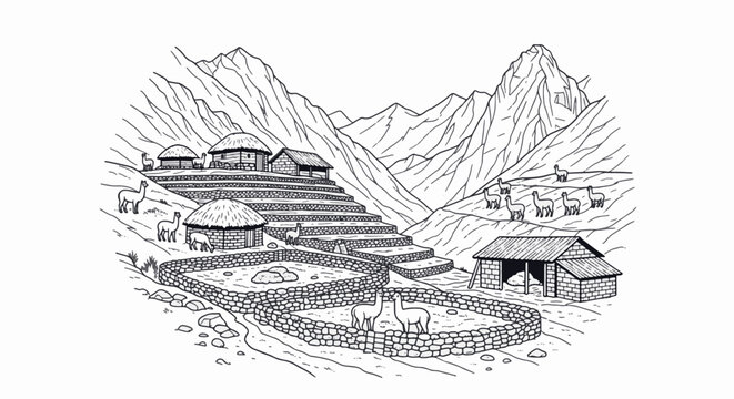 Traditional Peruvian black and white line art illustration featuring intricate geometric patterns, Inca inspired cultural motifs, and indigenous folk art elements on a white background.