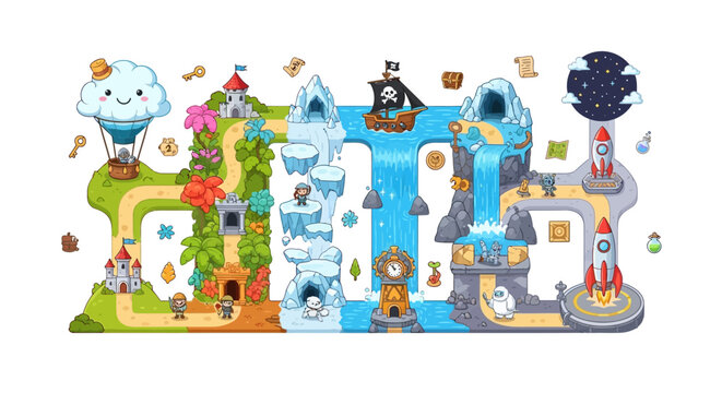 a colorful cartoon board game with various paths and characters.