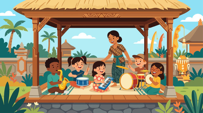 A heartwarming flat design illustration depicting diverse children joyfully learning jazz instruments in an open-air Balinese pavilion, symbolizing cultural exchange and education. 